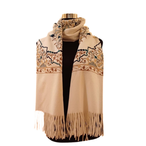 Anubis Vintage Clothing Elegant Embroidered Wool Blend Shawl in Ivory White
